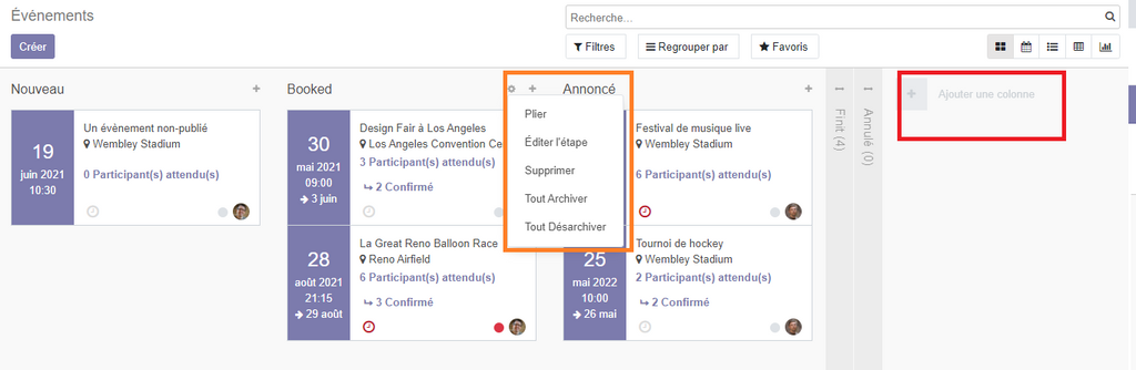 Etapes des événements Odoo