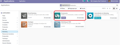 Installation de l’application Evènement Odoogestion des évènements : 